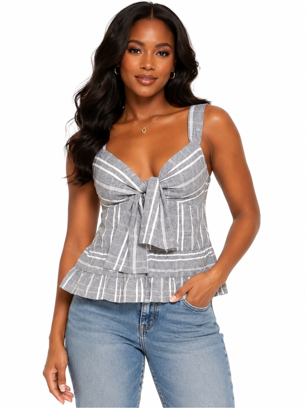 Listicle Gray White Plaid Tie Front Peplum Tank Top Smocked Back Size S